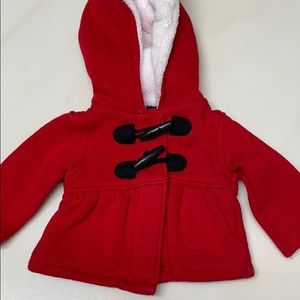 Red NB coat, white fur inside hood